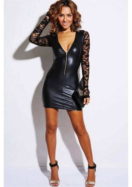 TP101159 Dantel Kollu Parlak Elbise