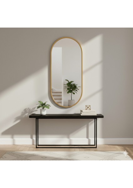 Gold Elips Ayna 160X60 Dekoratif Salon Hol Dikey Duvar Aynası Metal Çerçeveli
