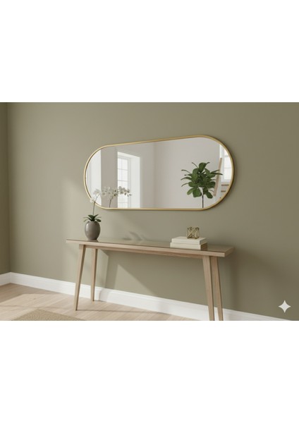 Gold Elips Ayna 160X60 Dekoratif Salon Hol Dikey Duvar Aynası Metal Çerçeveli modelleri