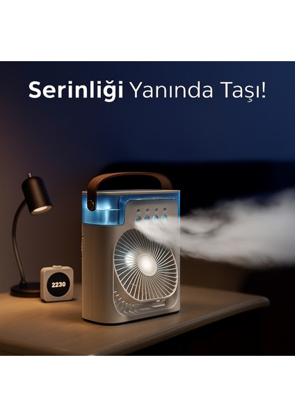 F-17 Taşınabilir Masaüstü Hava Nemlendirici Buz Renkli Fan Vantilatör | Serinlik ve Nem Desteği Bir Arada