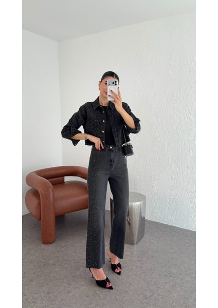 Taşlı Antrasit Jean