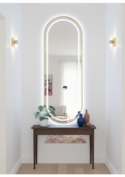 Duvar Aynası Elips 160X60 - LED Işıklı -Gold Metal Çerçeveli