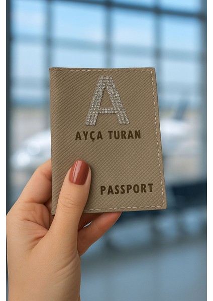 Isme Özel Harf Taşlı Deri Pasaport Kılıfı Pasaport Model Taşıma Cüzdanı Bej