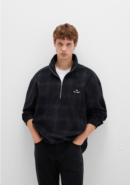 Yarı Fermuarlı Kareli Siyah Sweatshirt 0211777-91298