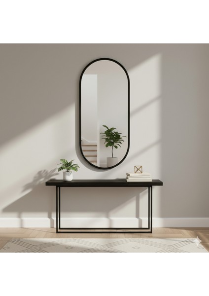 Siyah Elips Ayna 160X60 Dekoratif Salon Hol Dikey Duvar Aynası Metal Çerçeveli