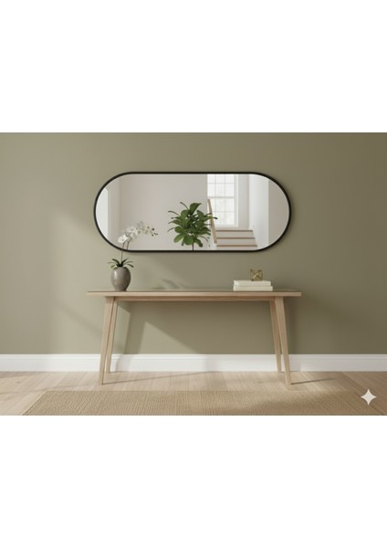 Siyah Elips Ayna 160X60 Dekoratif Salon Hol Dikey Duvar Aynası Metal Çerçeveli fiyatları