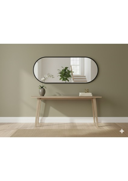 Siyah Elips Ayna 160X60 Dekoratif Salon Hol Dikey Duvar Aynası Metal Çerçeveli modelleri