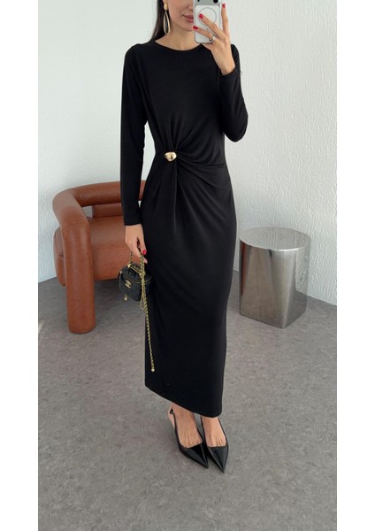 Gold Detaylı Büzgülü Siyah Elbise indirimleri