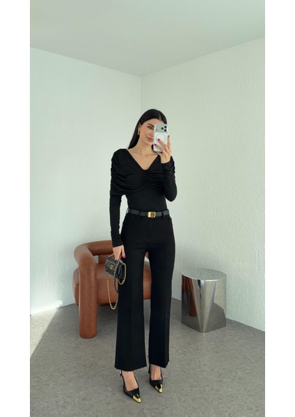 Likralı Siyah Flare Jean