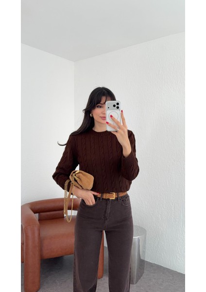 Acı Kahve Saç Örgü Kazak