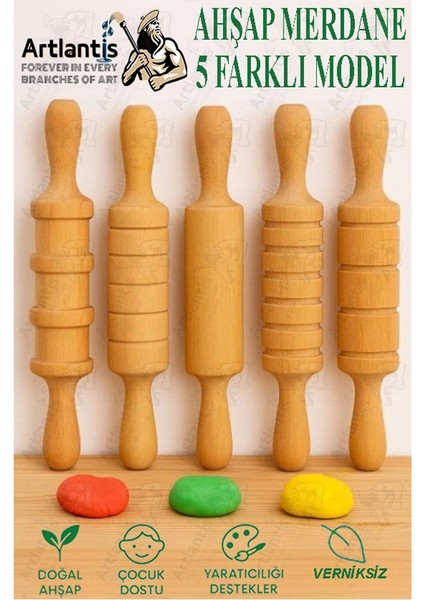 Ahşap Merdane Seti 5 Li 1 Paket Oyun Hamuru Şekillendirici ve Gıda Için Uygun Naturel Merdane Seti 17 cm