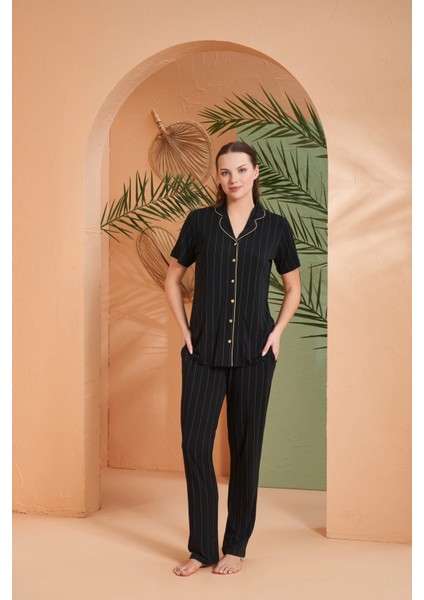 Pjs 27042 Kadın Kısa Kol Çizgili Önü Düğmeli Pijama Takımı