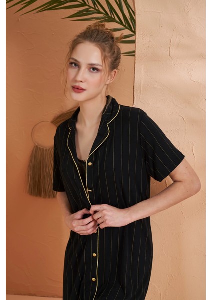 Pjs 27043 Kadın Kısa Kol Çizgili Önü Düğmeli Gecelik fırsatları