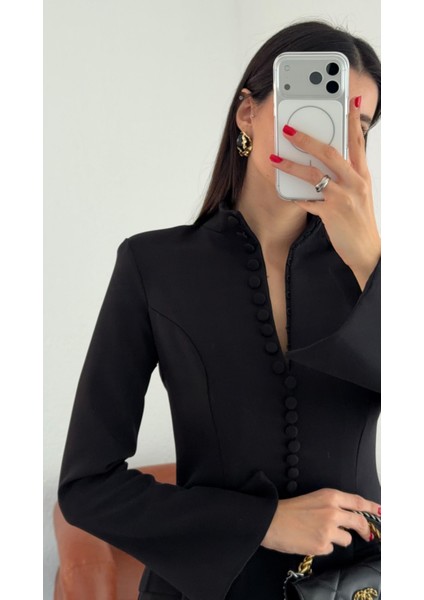 Kumaş Düğmeli Siyah Elbise modelleri