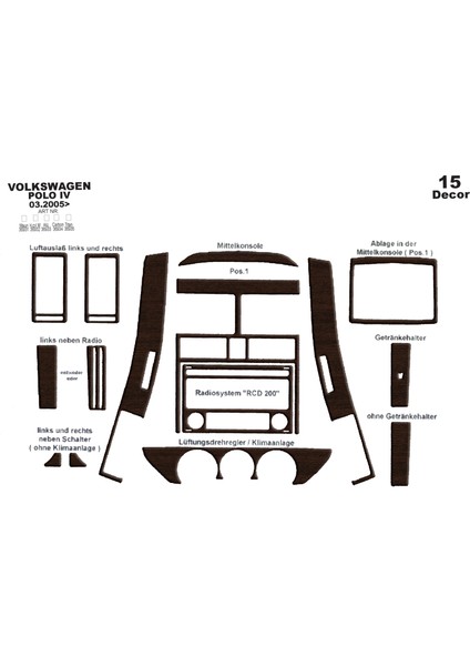 Volkswagen Polo Uyumlu Karbon Kaplama 2005-2009 15 Parça Koyu Meşe