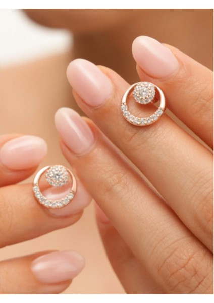 925 Ayar Rose Kaplama Zirkon Taşlı Yuvarlak Gümüş Küpe