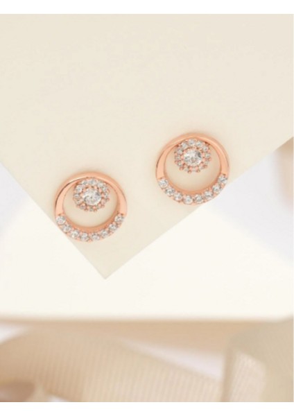 925 Ayar Rose Kaplama Zirkon Taşlı Yuvarlak Gümüş Küpe modelleri