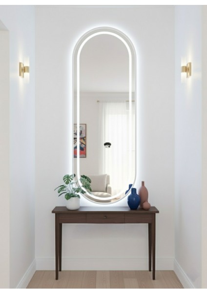 Duvar Aynası Elips 160X60 - LED Işıklı - Beyaz Metal Çerçeveli