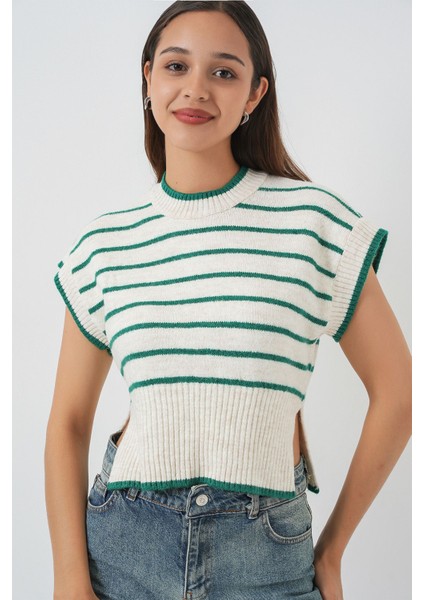 Kadın BDART Kalın Çizgili Ribana Örgü Kazak Yelek Green