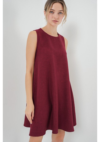Kadın BDART Keten Karışımlı A-Form Mini Elbise Bordo Kırmızı