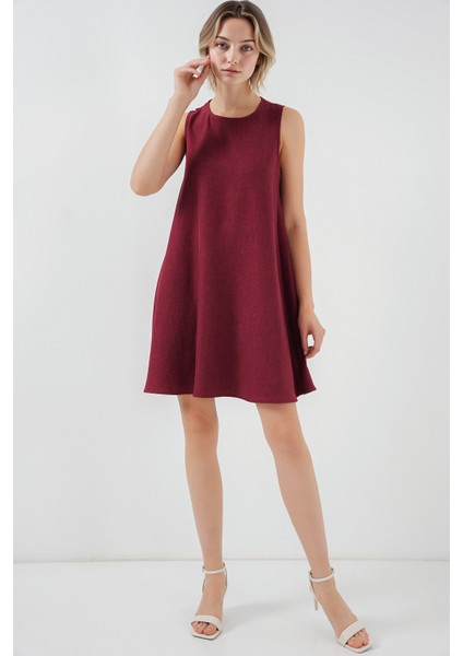 Kadın BDART Keten Karışımlı A-Form Mini Elbise Bordo Kırmızı