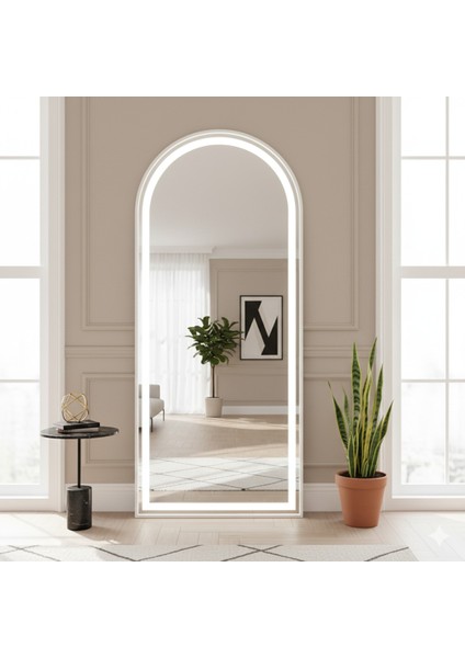 Boy Aynası 180X60 Ayaklı, Beyaz Metal Çerçeveli LED Işıklı Tam Boy Oval Ayna