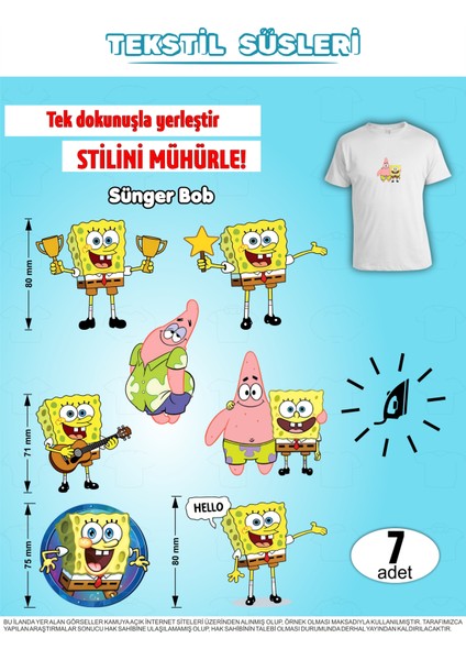 Ütü ile Yapışan Kıyafet Etiketi Sünger Bob 7li Set
