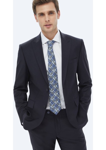 Lacivert Düz Modern Fit Yün Karışımlı Takım Elbise