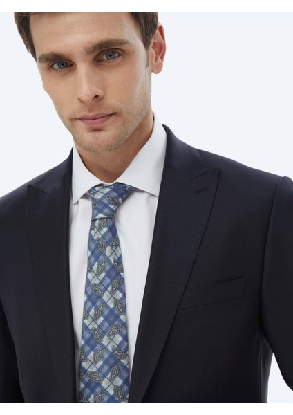 Lacivert Düz Modern Fit Yün Karışımlı Takım Elbise