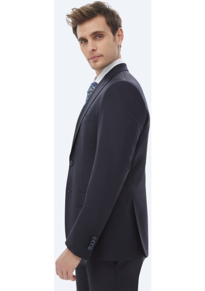 Lacivert Düz Modern Fit Yün Karışımlı Takım Elbise