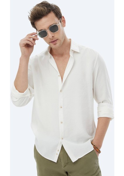 Ekru Düz Regular Fit Dokuma Casual Gömlek