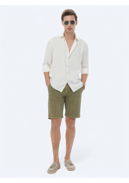 Ekru Düz Regular Fit Dokuma Casual Gömlek
