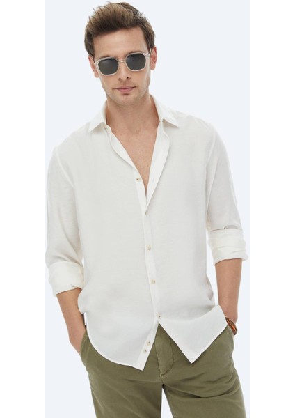 Ekru Düz Regular Fit Dokuma Casual Gömlek