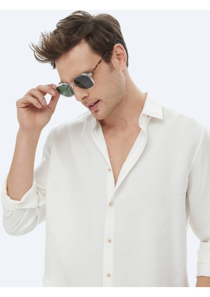 Ekru Düz Regular Fit Dokuma Casual Gömlek
