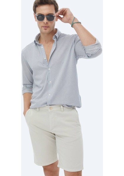 Koyu Mavi Çizgili Regular Fit Casual Pamuk Karışımlı Gömlek