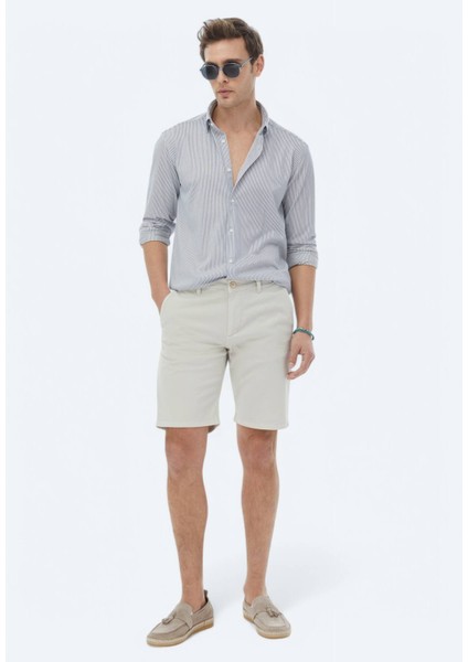 Koyu Mavi Çizgili Regular Fit Casual Pamuk Karışımlı Gömlek