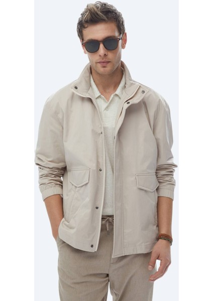 Bej Oversize Fit Dik Yaka Casual Dokuma Mont