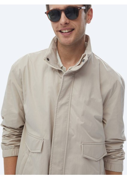 Bej Oversize Fit Dik Yaka Casual Dokuma Mont