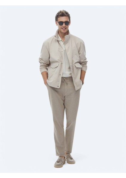 Bej Oversize Fit Dik Yaka Casual Dokuma Mont