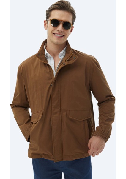 Açık Kahve Oversize Fit Dik Yaka Casual Dokuma Mont