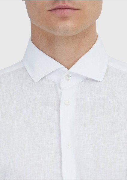 Beyaz Düz Casual Fit Dokuma Casual %100 Keten Gömlek