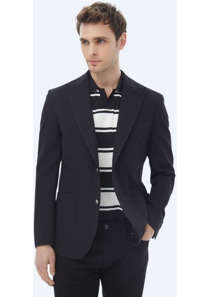 Siyah Çizgili Regular Fit Pamuk Karışımlı Ceket