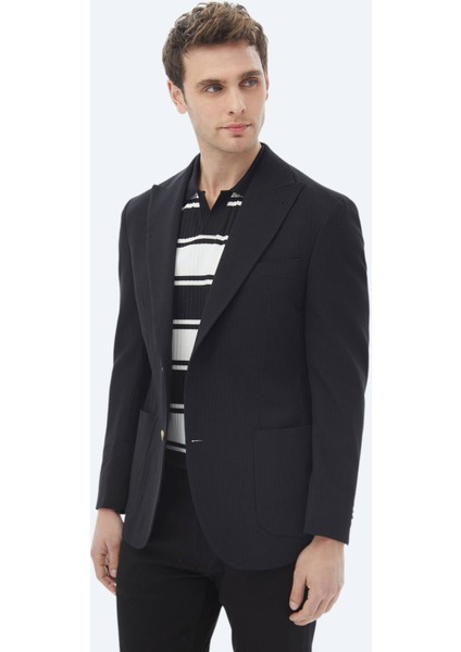 Siyah Çizgili Regular Fit Pamuk Karışımlı Ceket