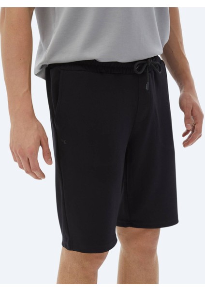 Siyah Düz Örme Jogging Fit Casual Bermuda