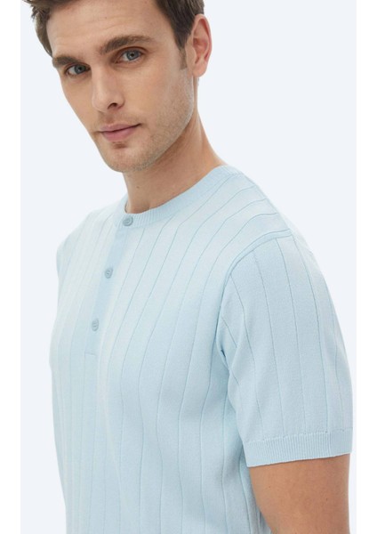 Açık Mavi Hakim Yaka Jakarlı Triko