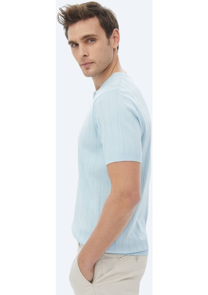 Açık Mavi Hakim Yaka Jakarlı Triko