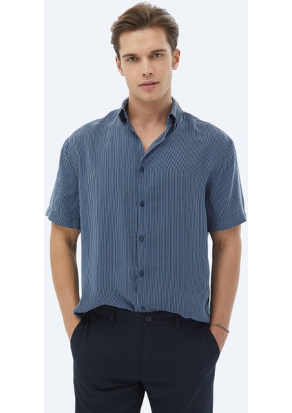 Koyu Mavi Çizgili Oversize Fit Dokuma Casual Gömlek