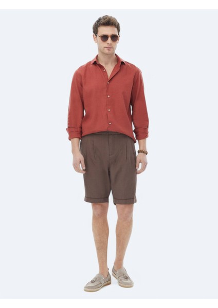 Kahverengi Dokuma Carrot Fit Casual Bermuda