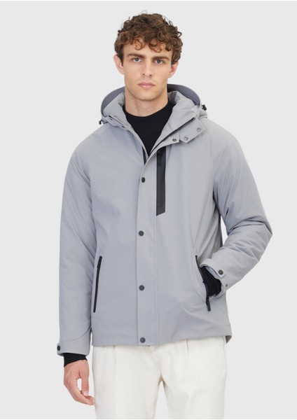 Açık Gri Regular Fit Kapüşonlu Casual Dokuma Mont