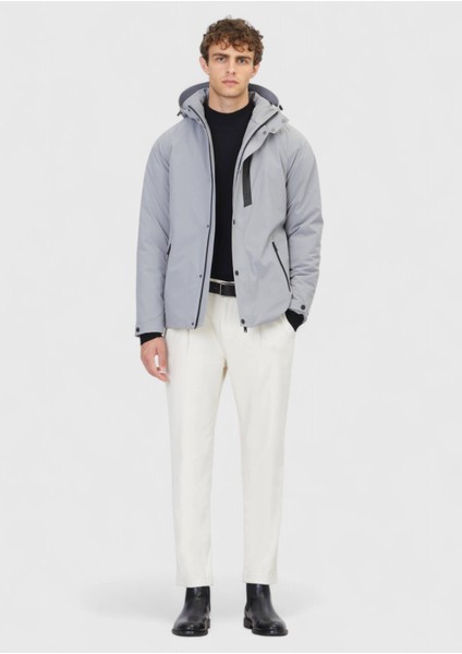 Açık Gri Regular Fit Kapüşonlu Casual Dokuma Mont